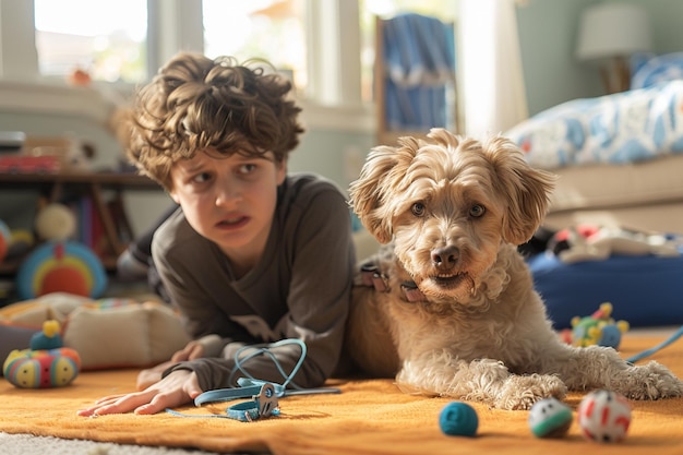 Photo boy and dog laying on the floor with toys on the floor generative ai