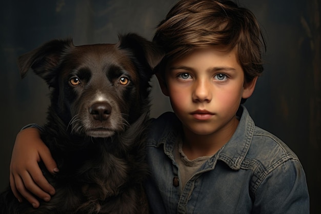 Boy and dog portrait Pet care People emotions Generative AI