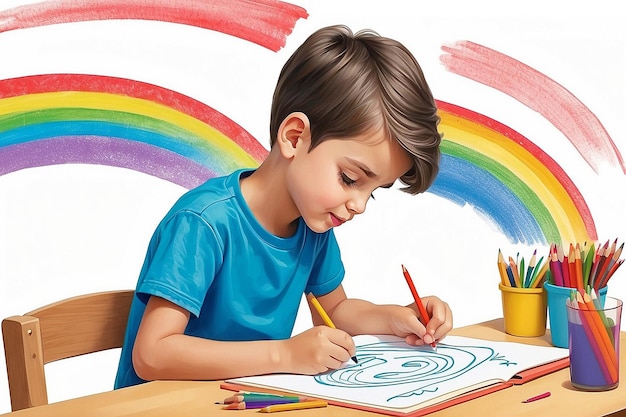 Boy Drawing a Rainbow