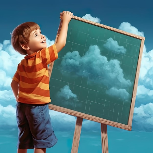 a boy drawing a white board with a drawing of a boy holding a board that says  the word  on it