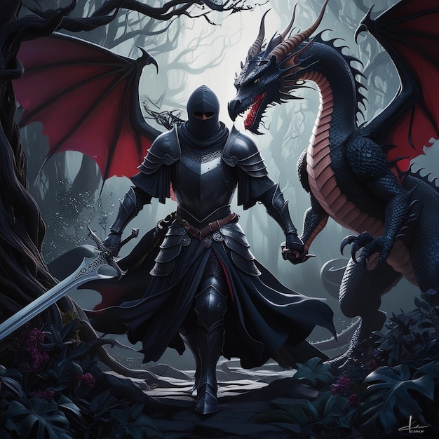 Boy dressed as a knight fights a dragon