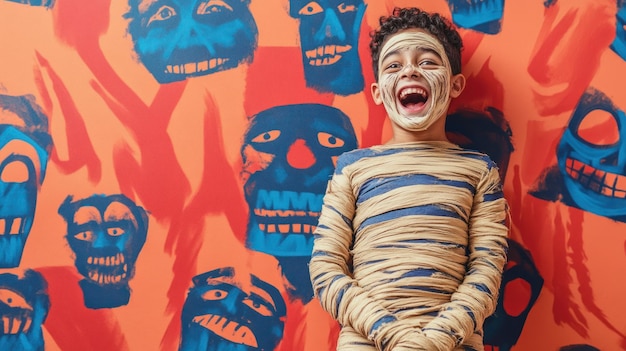 A Boy Dressed as a Mummy for Halloween in front of Skull Paintings