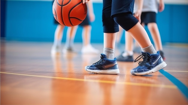 A boy dribbling a basketball on the court