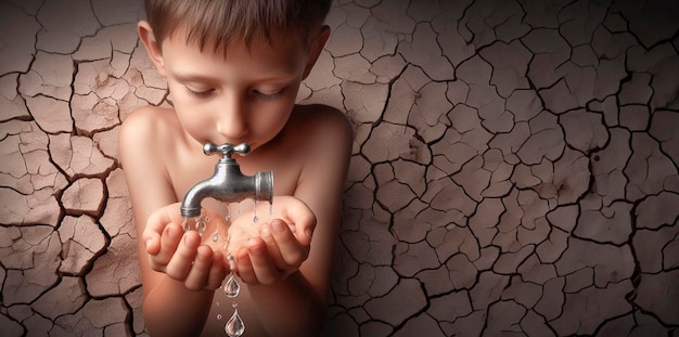 a boy drinking from a faucet with a water tap in the background