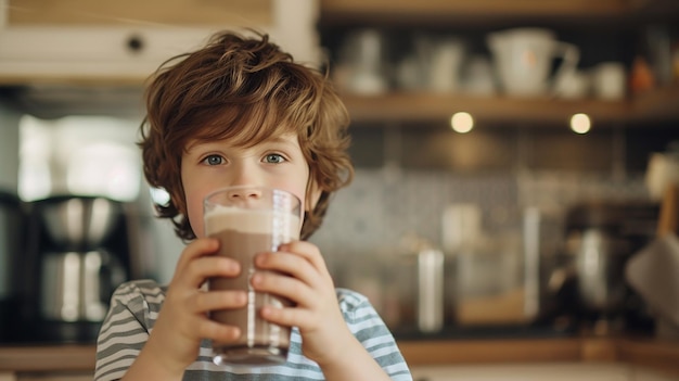 a boy drinking a glass of milk with a straw in his mouth