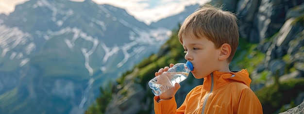 a boy drinks water against the background of alpine mountains selective focus