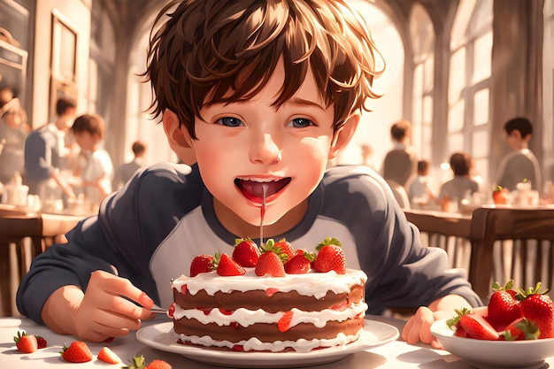 Photo a boy eating a cake with strawberries on his face