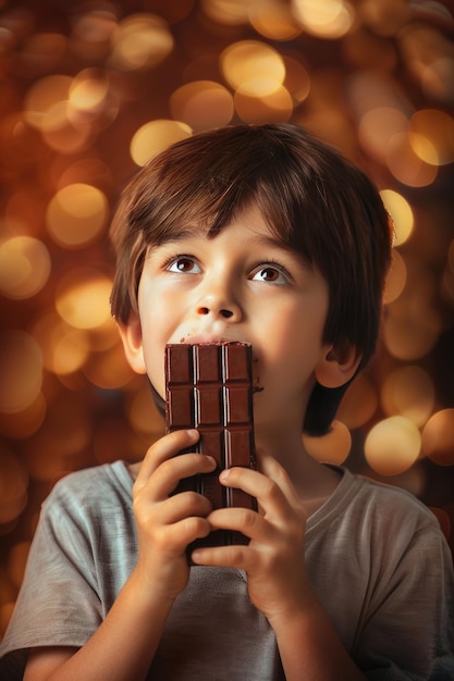 the boy eats chocolate Selective focus