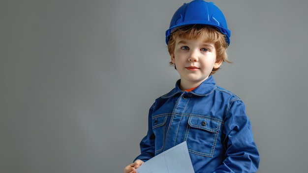 Boy Engineer with a Hard Hat and Project Plans