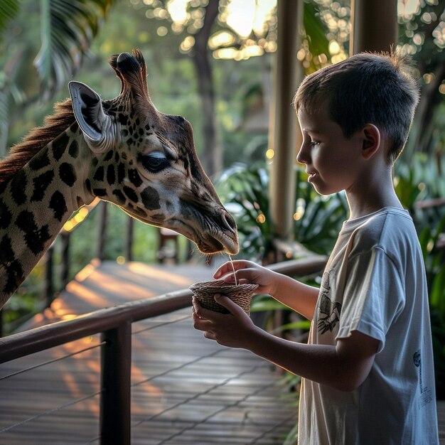 Boy enjoys feeding giraffe at zoo