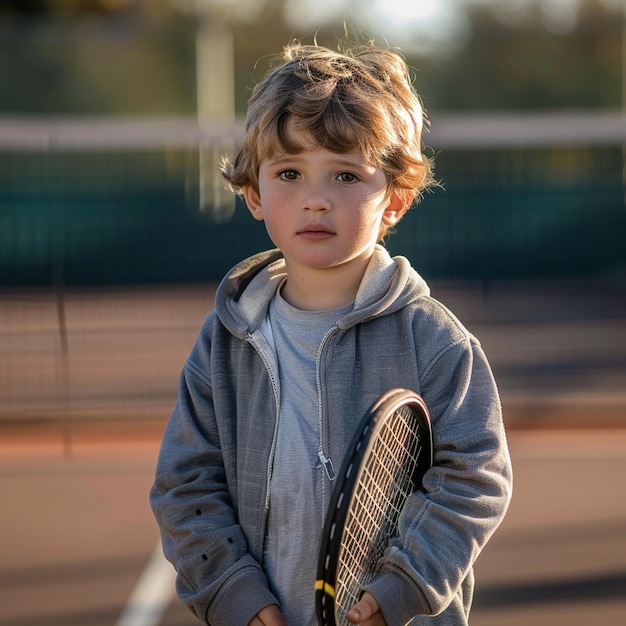 Photo boy enjoys tennis on a vibrant court