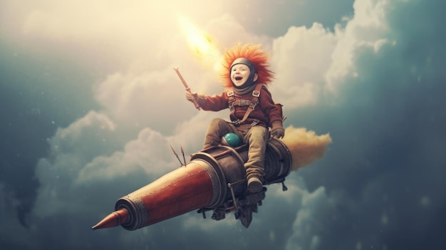 A boy excited flying the rocket above clouds in the sky Generative AI image weber