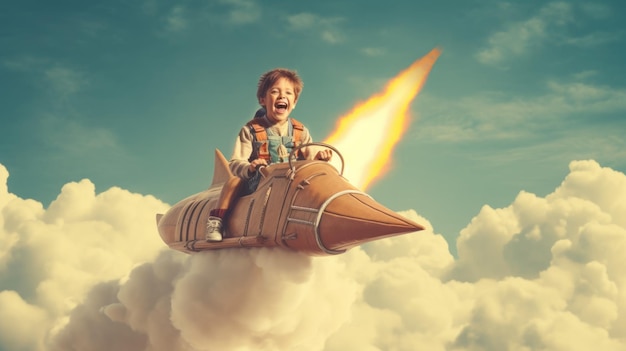 A boy excited flying the rocket above clouds in the sky Generative AI image weber