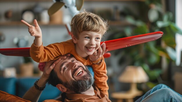 Photo boy father and excited on couch for airplane game playful and bonding with care love generative ai