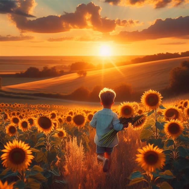 A boy in a field of sunflowers Beautiful sunset nature