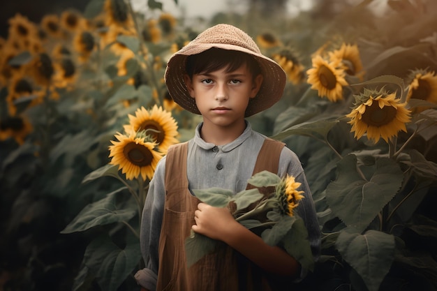 A boy in a field of sunflowers