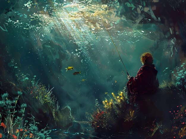 a boy fishing in an ocean with a fish in his hands