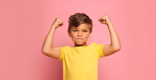 A boy flexes his muscles on a pink background