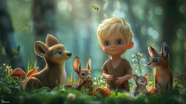 a boy in a forest with a rabbit and rabbit in the background