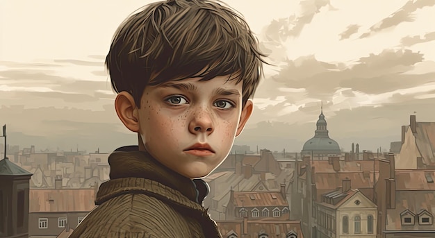 A boy in front of a cityscape