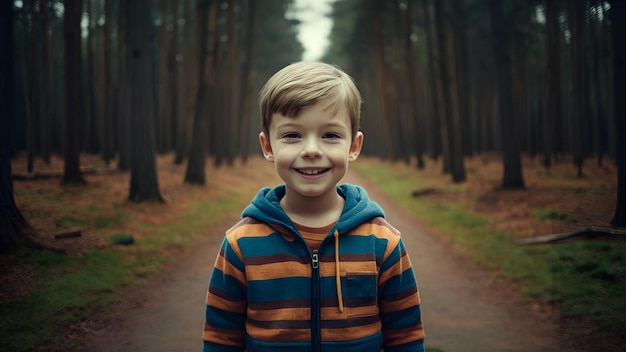 A boy in front of forest with smiling face