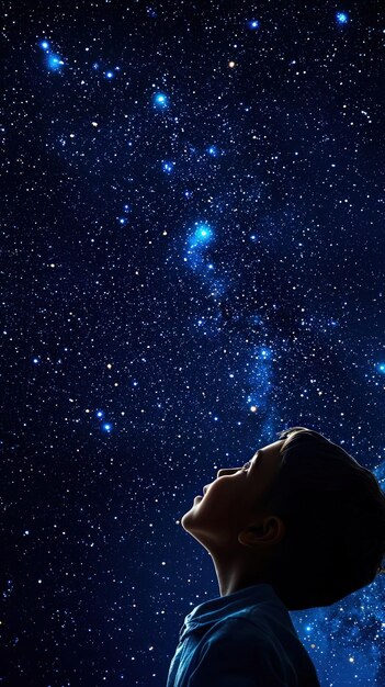 A boy gazes up at the starry night sky filled with twinkling stars and cosmic beauty evoking wonder and imagination