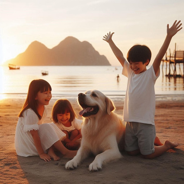 a boy and a girl are on the beach with a dog and a mountain in the background