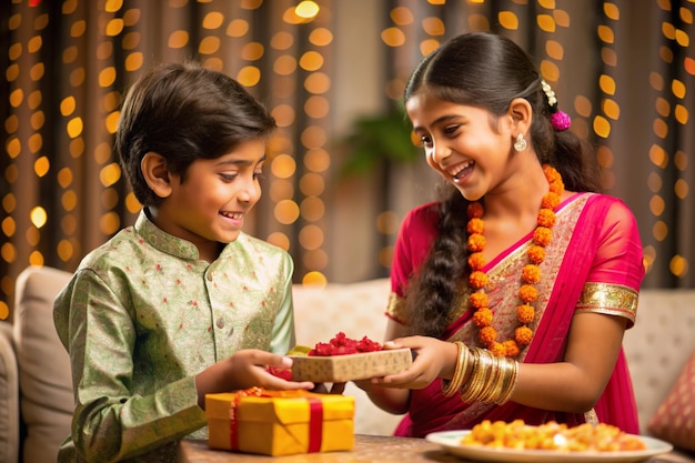 a boy and a girl are celebrating a birthday with gifts