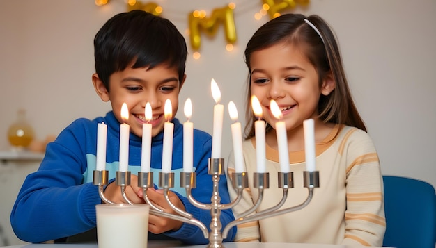 Photo a boy and a girl are celebrating jewish holiday with a lit candle