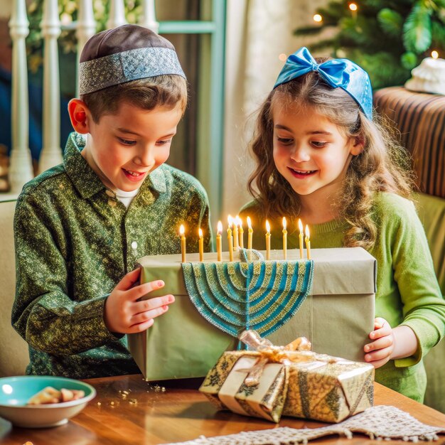 Photo a boy and a girl are celebrating jewish holiday