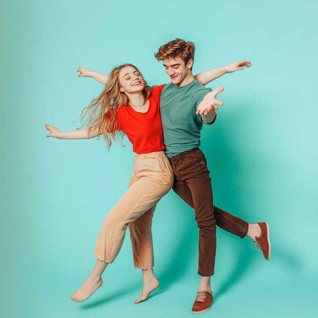 Photo a boy and girl are dancing together with the words the girl is jumping