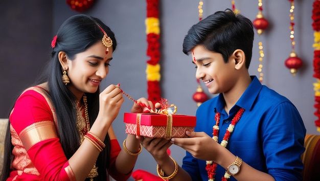 a boy and a girl are giving a present to a boy