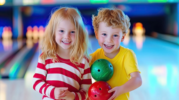 Photo a boy and girl are holding balls and smiling