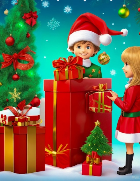 a boy and a girl are holding a gift with a christmas tree in the background