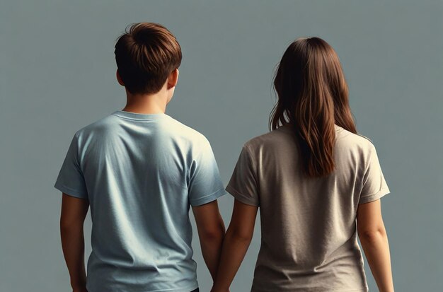 a boy and a girl are holding hands and looking at the camera