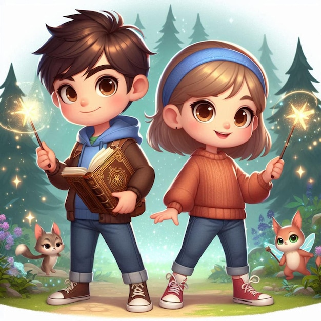 a boy and girl are holding a magic wand and a cat and a cat with the words the girl