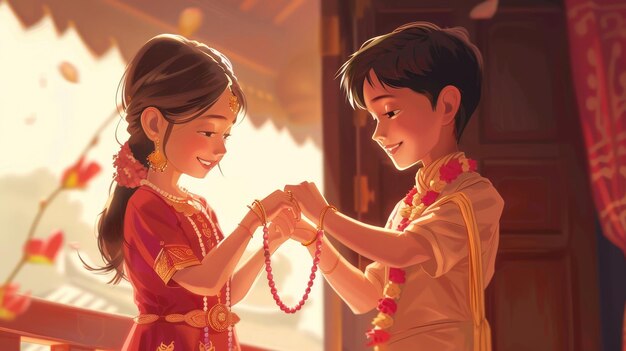 a boy and girl are holding a pearl necklace and the other is holding a pearl necklace