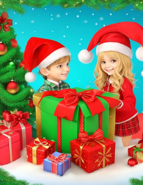 a boy and a girl are holding presents and a girl in a santa hat