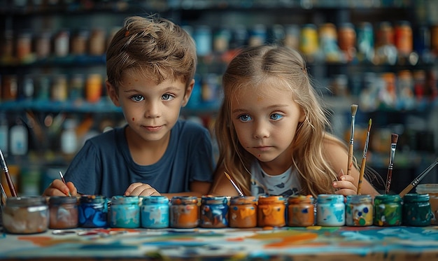 a boy and girl are looking at a colorful item