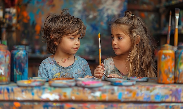 a boy and girl are looking at a colorful item