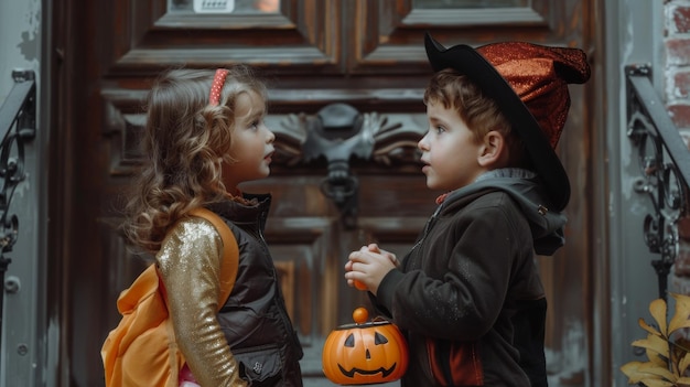 Photo a boy and girl are looking at a pumpkin