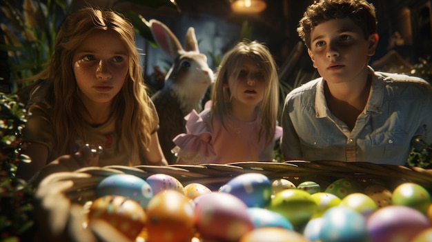 Photo a boy and a girl are looking at a rabbit with easter eggs