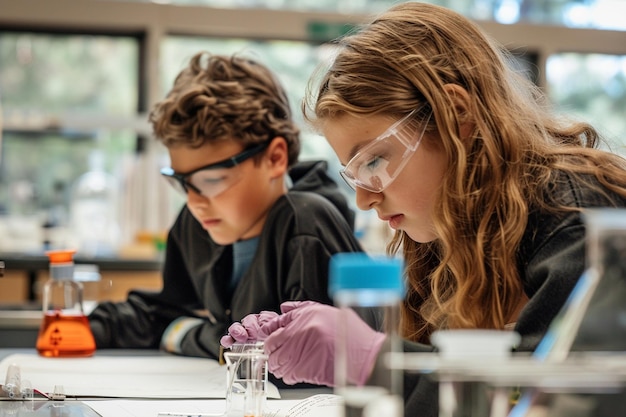 Photo a boy and a girl are looking at a test tube