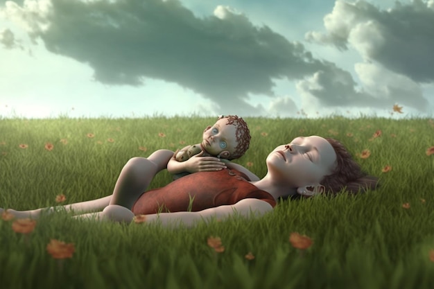 A boy and a girl are lying on the grass and the sky is cloudy.