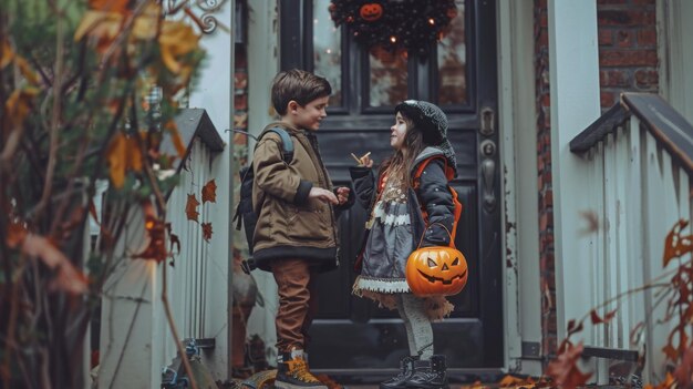 Photo a boy and girl are outside a house with a pumpkin on the front door