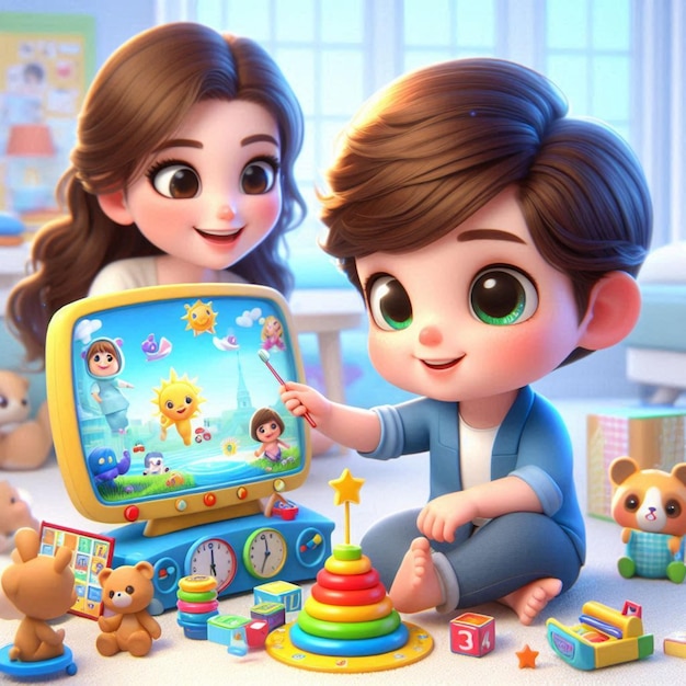 a boy and a girl are playing with a toy laptop and toys