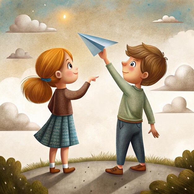 Photo a boy and girl are pointing at a paper plane that says quot a quot