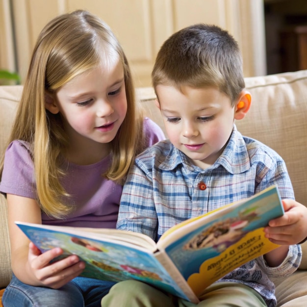 Photo a boy and girl are reading a book on a couch