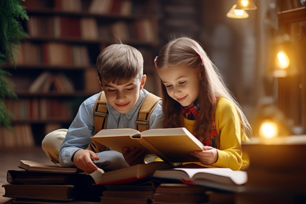 A boy and a girl are reading a book in the library study generative ai