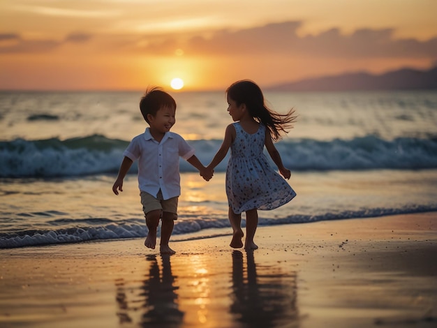 a boy and girl are running on the beach and the sun is setting behind them